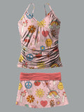 V-Neck Coral Flower Hippie Print Suspender Skirt Tankini Pantskirt Set Swimsuit