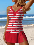 V-Neck Striped Red Print Side Slit Patchwork Tankini Pantskirt Set Swimsuit