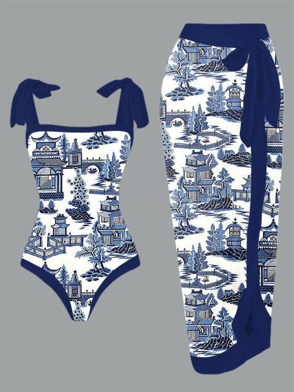 Vintage Chinese Architecture Blue and white Pottery Print One Piece Swimsuit And Cover Up