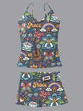 V-Neck Retro Hippie Style Print Suspender Skirt Tankini Pantskirt Set Swimsuit