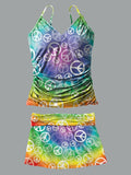 V-Neck Rainbow Gradient Hippie Peace Print Suspender Skirt Tankini Pantskirt Set Swimsuit