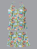 V-Neck Retro Hippie Style Print Suspender Skirt Tankini Pantskirt Set Swimsuit