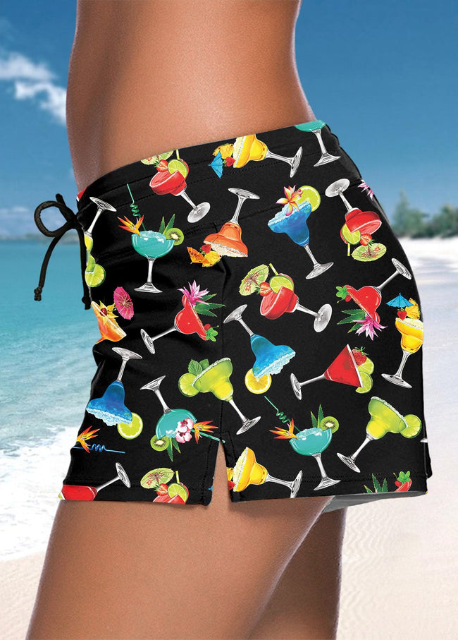 Women's Vintage Cocktail Print Straps Side Slits Swimming Pants Swimsuit