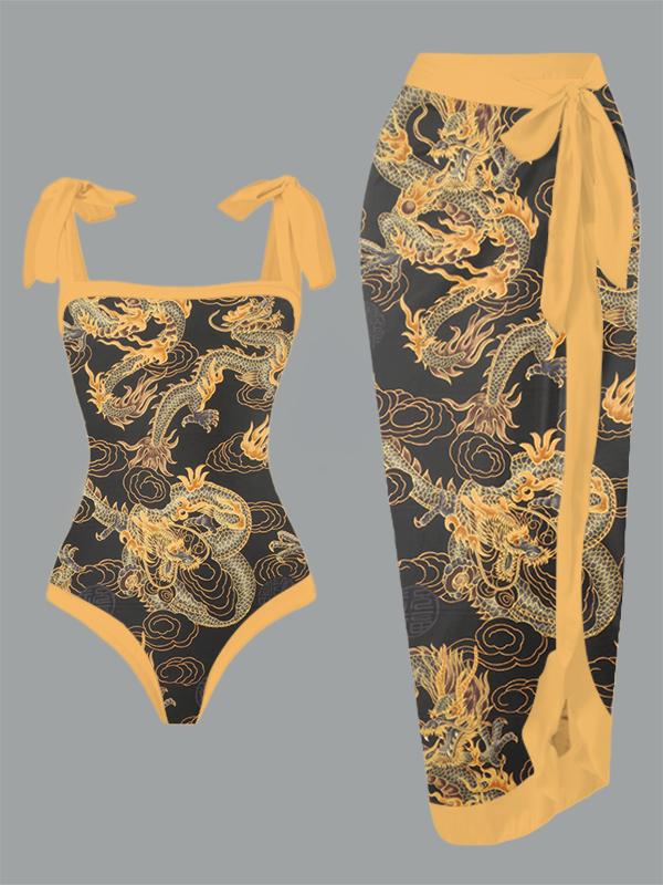 Vintage Chinese Dragon Print One Piece Swimsuit And Cover Up