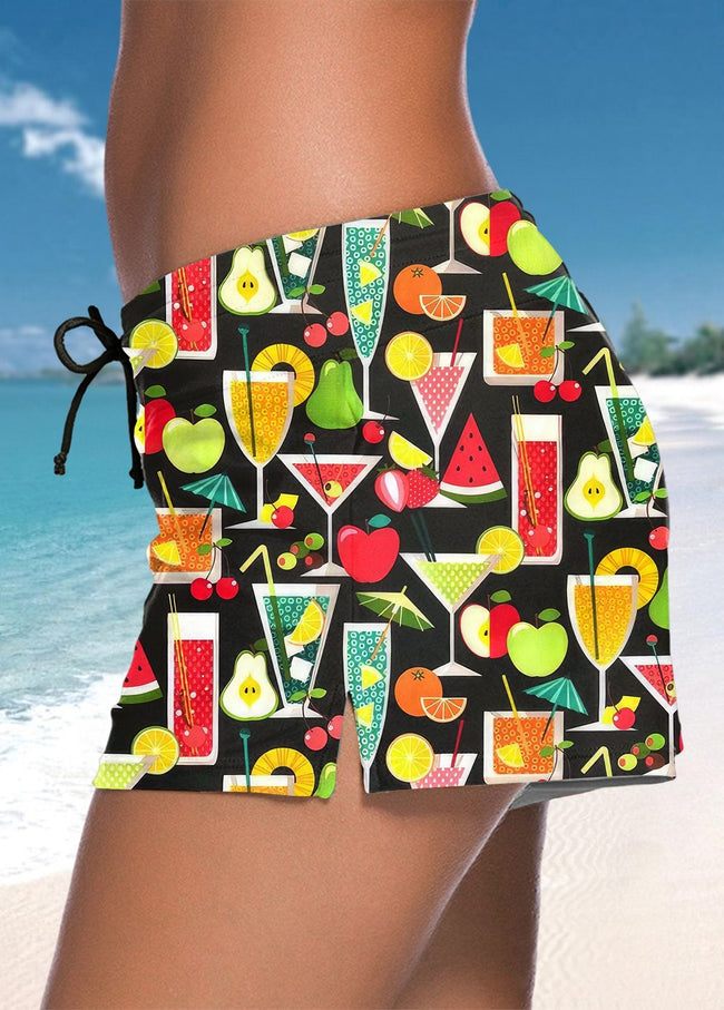 Women's Vintage Cocktail Print Straps Side Slits Swimming Pants Swimsuit