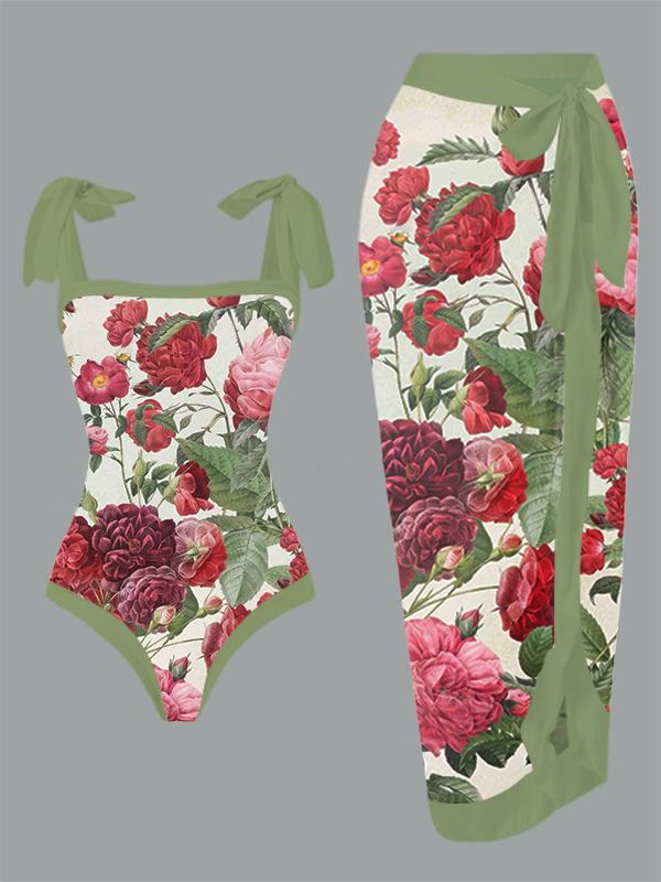 Vintage Floral Print One Piece Swimsuit And Cover Up