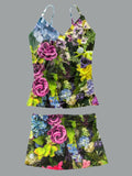 Women’s V-neck Vintage Floral Print Suspender Skirt Tankini Set Swimsuit