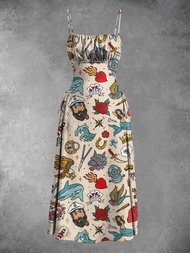 Vintage Sailor Tattoo Print Waist Strap Spaghetti Strap Dress