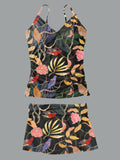 Women’s V-neck Vintage Wildlife Print Suspender Skirt Tankini Set Swimsuit