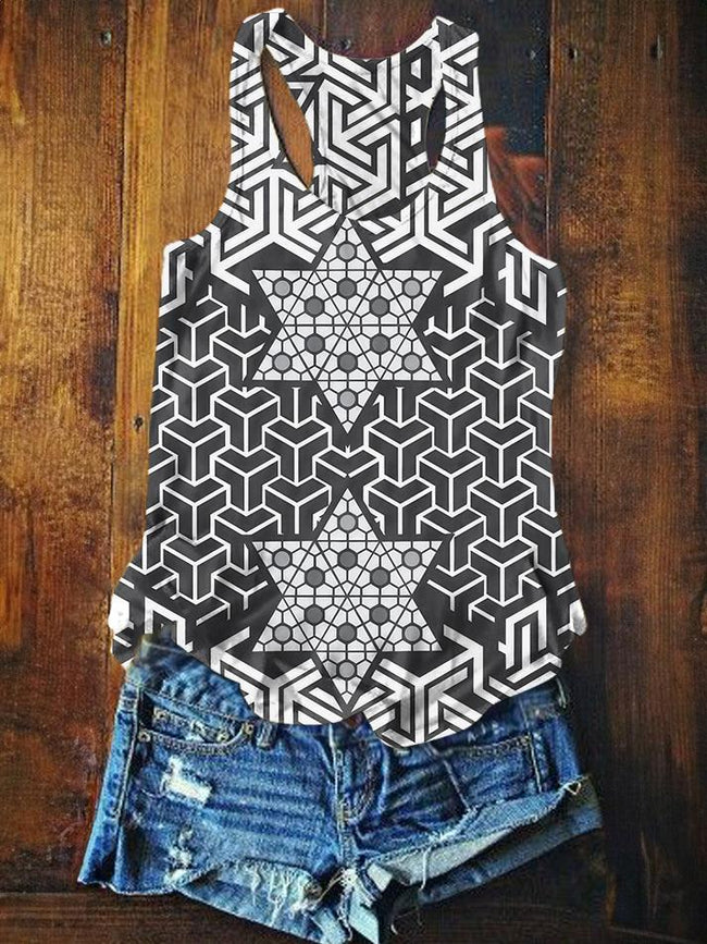 Vintage Geometric Tattoo Print Casual Tank Top