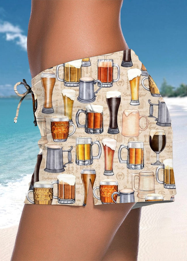 Women's Vintage Beer Print Straps Side Slits Swimming Pants Swimsuit