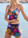 V-Neck Purple Flowers Vigate Hippie Peace Print Suspender Skirt Tankini Pantskirt Set Swimsuit