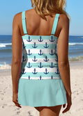 V-Neck Striped Cyan Print Side Slit Patchwork Tankini Pantskirt Set Swimsuit