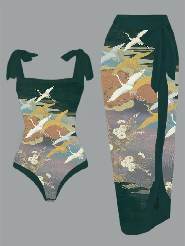 Vintage Cranes Print One Piece Swimsuit And Cover Up