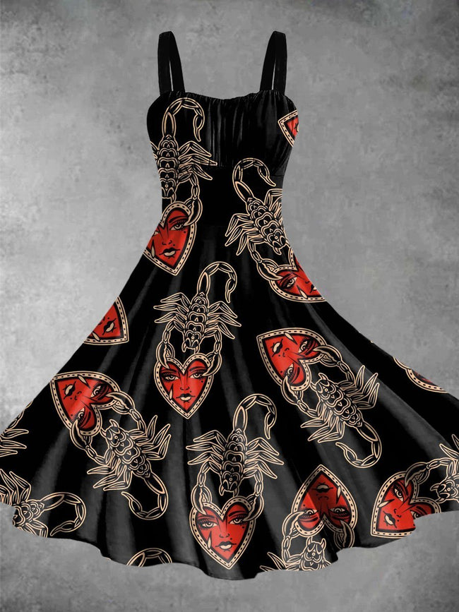 Vintage Scorpion Tattoo With Red Heart Print Backless Dress