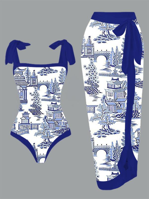 Vintage Chinese Architecture Blue and white Pottery Print One Piece Swimsuit And Cover Up