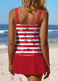 V-Neck Striped Red Print Side Slit Patchwork Tankini Pantskirt Set Swimsuit