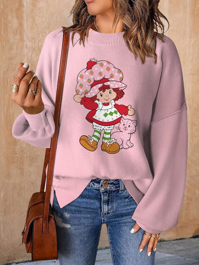 Vintage 1980s Strawberry Shortcake Cartoon Print Casual Knit Pullover Sweater