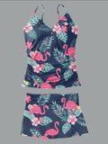 Women’s V-neck Flamingos Print Suspender Skirt Tankini Set Swimsuit