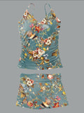 Women’s V-neck Vintage Print Suspender Skirt Tankini Set Swimsuit