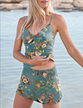 Women’s V-neck Vintage Print Suspender Skirt Tankini Set Swimsuit