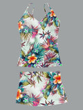 Women’s V-neck Vintage Print Suspender Skirt Tankini Set Swimsuit