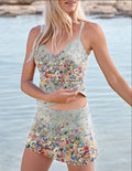 Women’s V-neck Vintage Floral Print Suspender Skirt Tankini Set Swimsuit