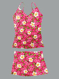 Women’s V-neck Flower Print Suspender Skirt Tankini Set Swimsuit