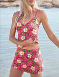 Women’s V-neck Flower Print Suspender Skirt Tankini Set Swimsuit