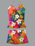 Women’s V-neck Vintage Floral Print Suspender Skirt Tankini Set Swimsuit