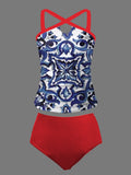 Vintage Print Hollow Cross Pleated Tankini Panty Set Swimsuit