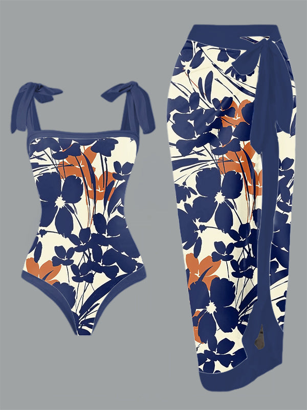 Vintage Fashion Floral Print One Piece Swimsuit And Cover Up