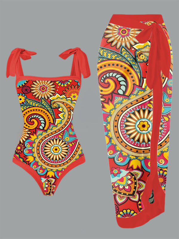 Vintage Fashion Print One Piece Swimsuit And Cover Up