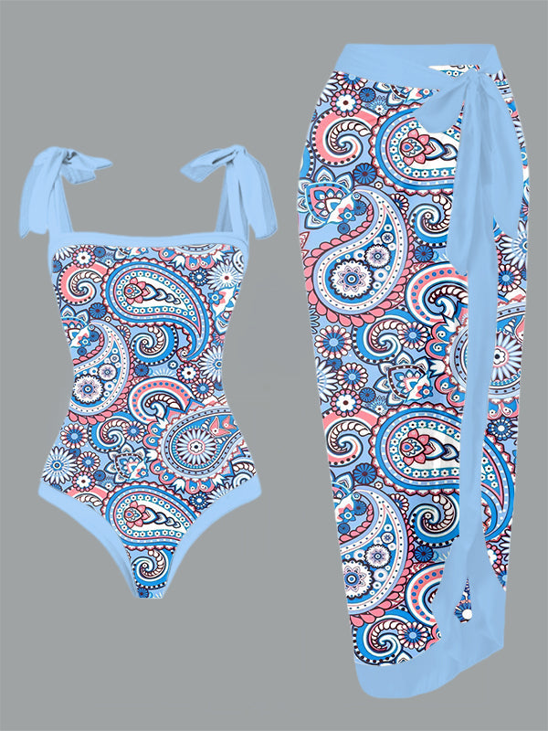 Vintage Fashion Print One Piece Swimsuit And Cover Up