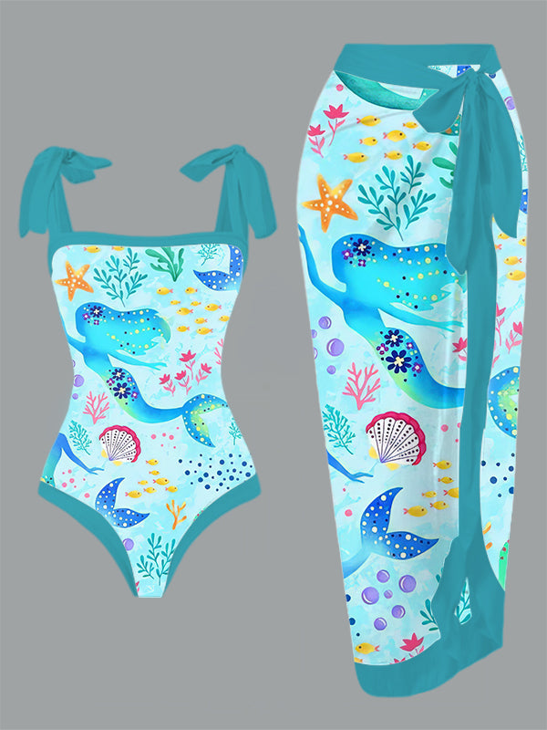 Vintage Mermaid Print One Piece Swimsuit And Cover Up