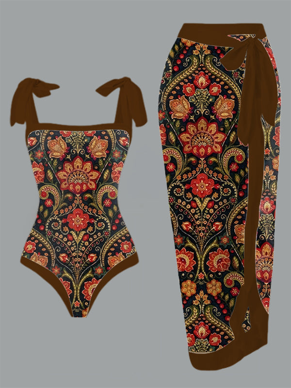 Vintage Boho Pattern Print One Piece Swimsuit And Cover Up