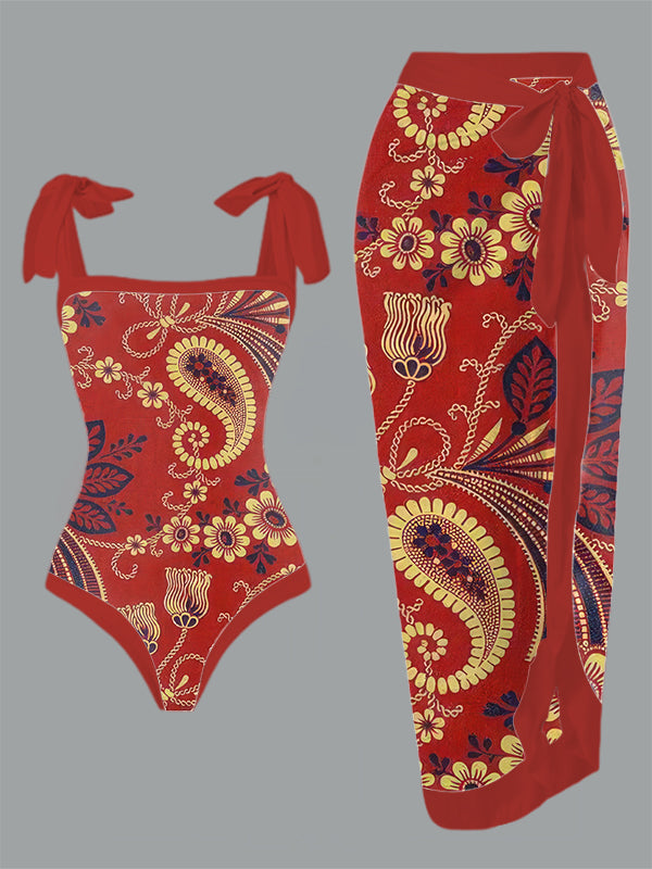 Vintage Boho Pattern Print One Piece Swimsuit And Cover Up