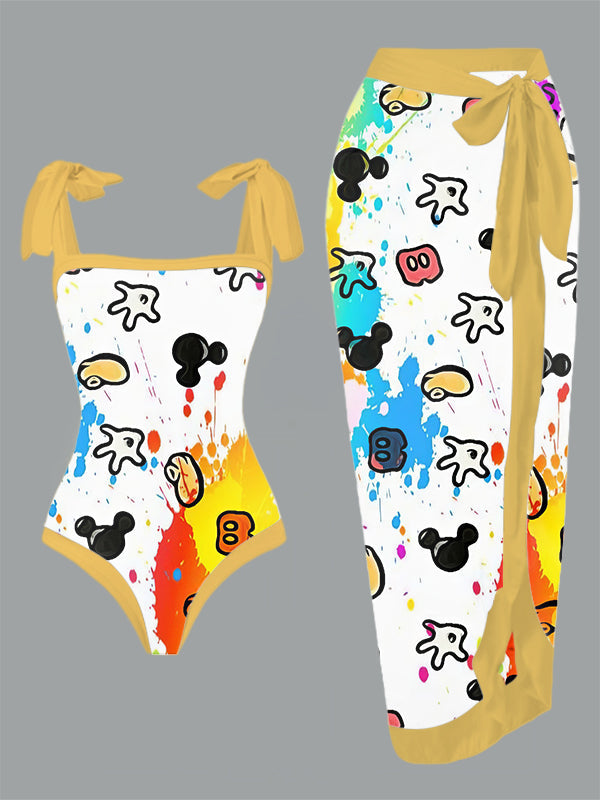 Vintage Catoon Print One Piece Swimsuit And Cover Up