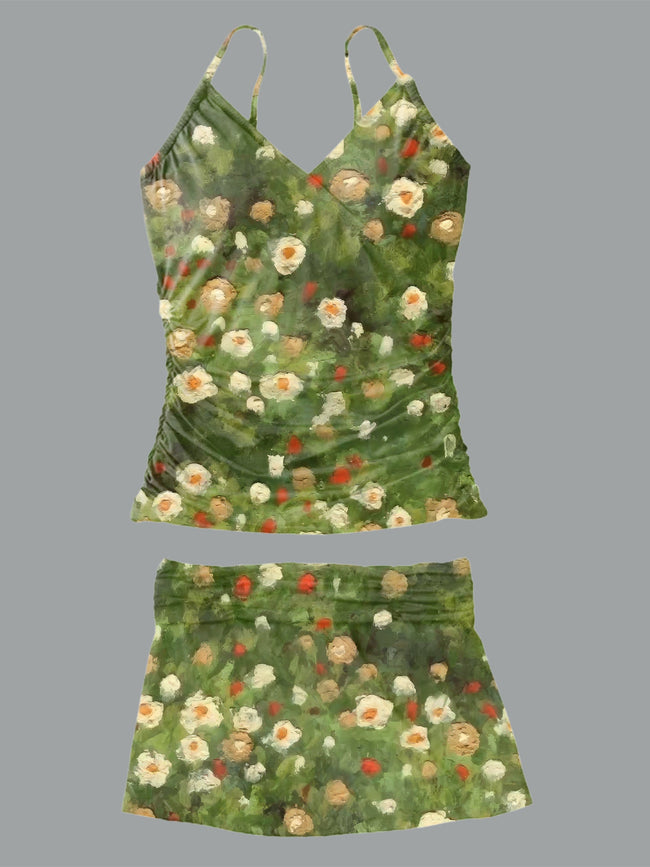 Women’s V-neck Retro Flowers Printed Suspender Skirt Tankini Set Swimsuit