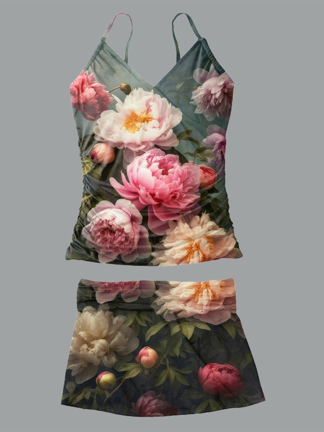 Women’s V-neck Retro Flowers Printed Suspender Skirt Tankini Set Swimsuit