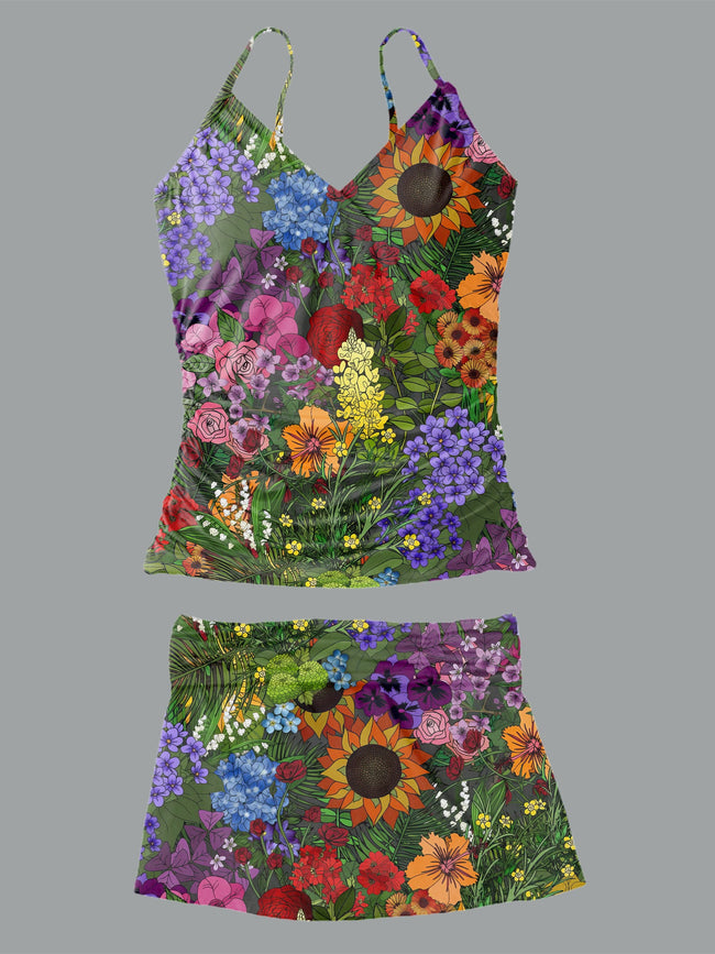 Women’s V-neck Vintage Botanic Garden Print Suspender Skirt Tankini Set Swimsuit