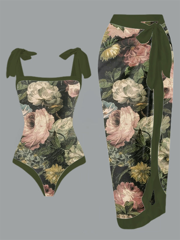 Vintage Garden Print One Piece Swimsuit And Cover Up