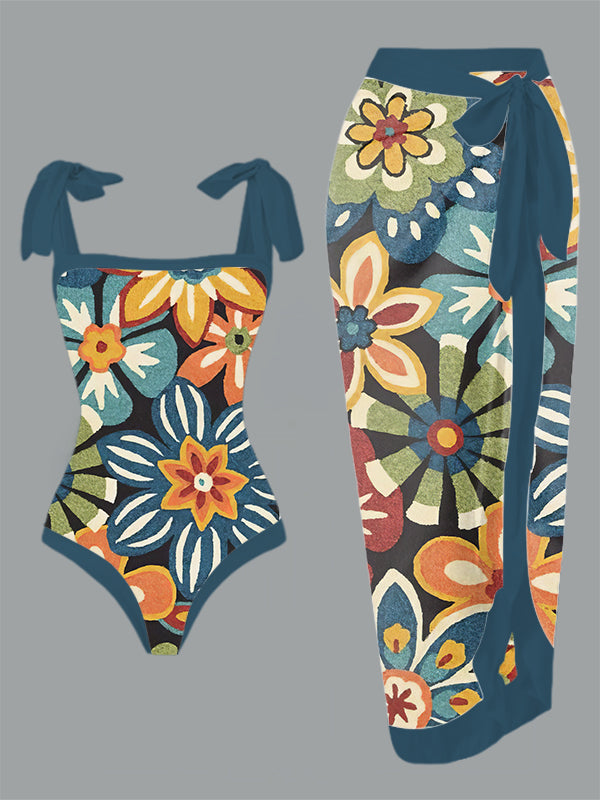 Vintage Boho Pattern Print One Piece Swimsuit And Cover Up