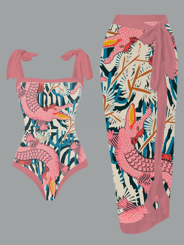 Vintage BAZAAR COSMIC GATOR Print One Piece Swimsuit And Cover Up