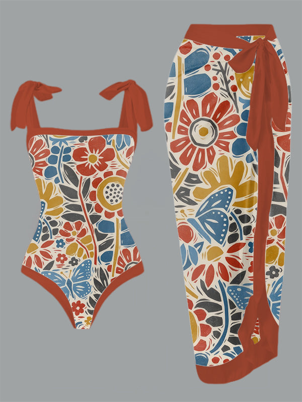 Vintage Block Print Butterfly Garden Print One Piece Swimsuit And Cover Up