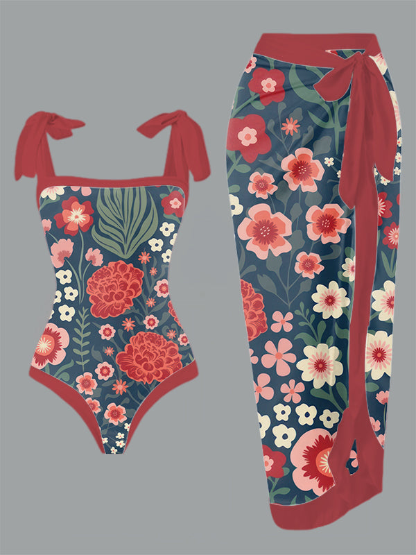 Vintage Botanical Wild Flowers Night Garden Print One Piece Swimsuit And Cover Up