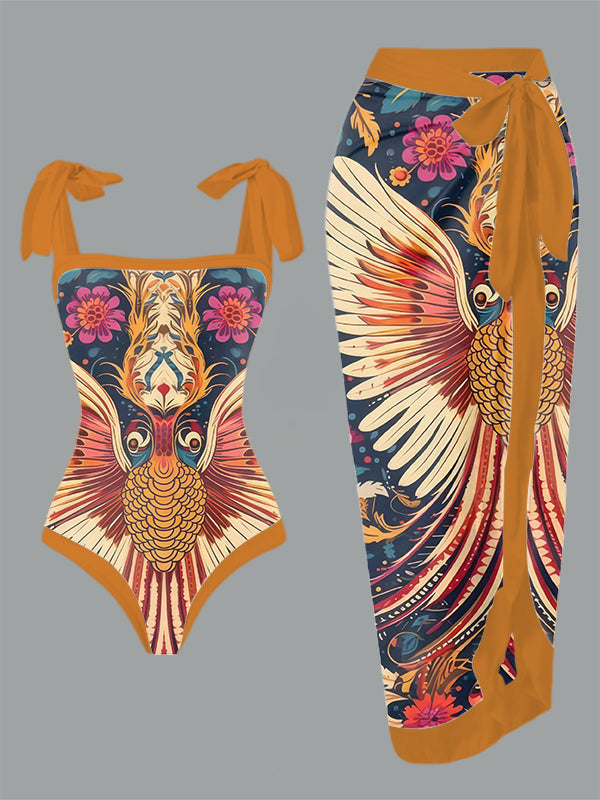 Vintage Print One Piece Swimsuit And Cover Up