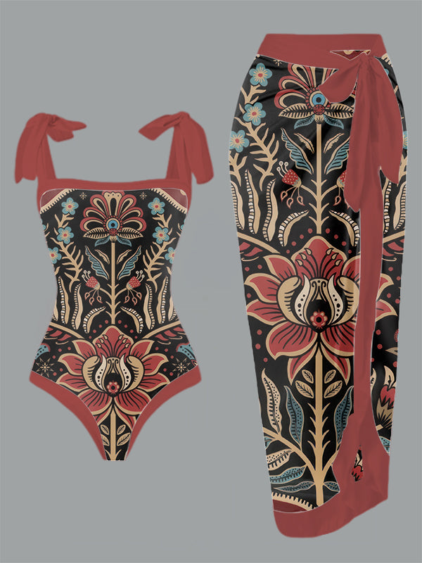 Vintage Maximalist Folk Damask with raven and mystical eye Print One Piece Swimsuit And Cover Up