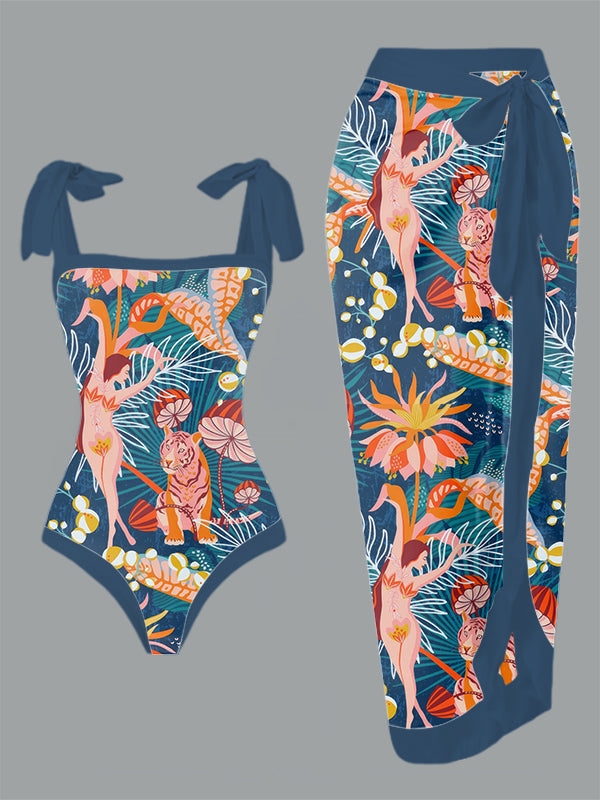 Vintage Tropical blossom dance Print One Piece Swimsuit And Cover Up