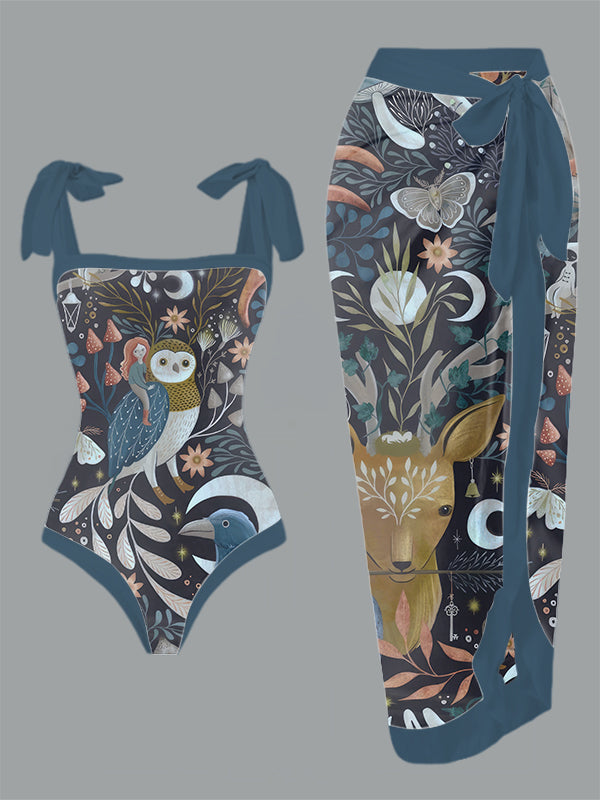 Vintage Whimsical Gothic Print One Piece Swimsuit And Cover Up